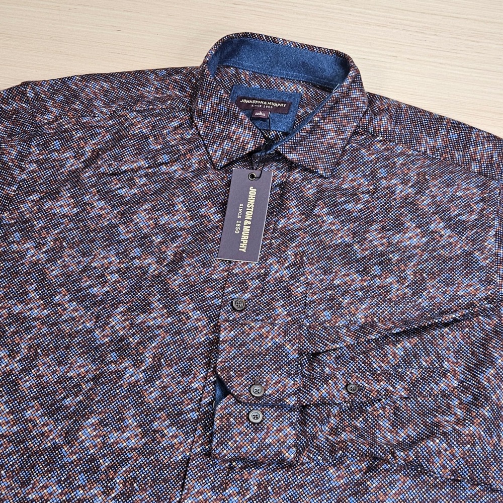 Johnston & Murphy Button Down Shirt Mens L Brown Cube Print Long Sleeve NEW